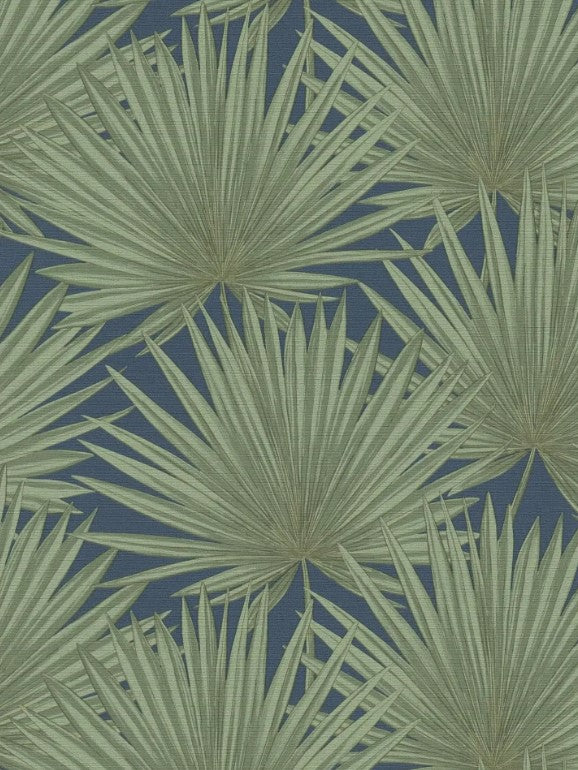 Green Palm Leaves on Navy Blue Vinyl Wallpaper – Tropical Botanical Wall Covering