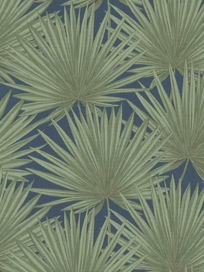Green Palm Leaves on Navy Blue Vinyl Wallpaper – Tropical Botanical Wall Covering