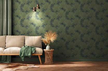 Green Palm Leaves on Navy Blue Vinyl Wallpaper – Tropical Botanical Wall Covering