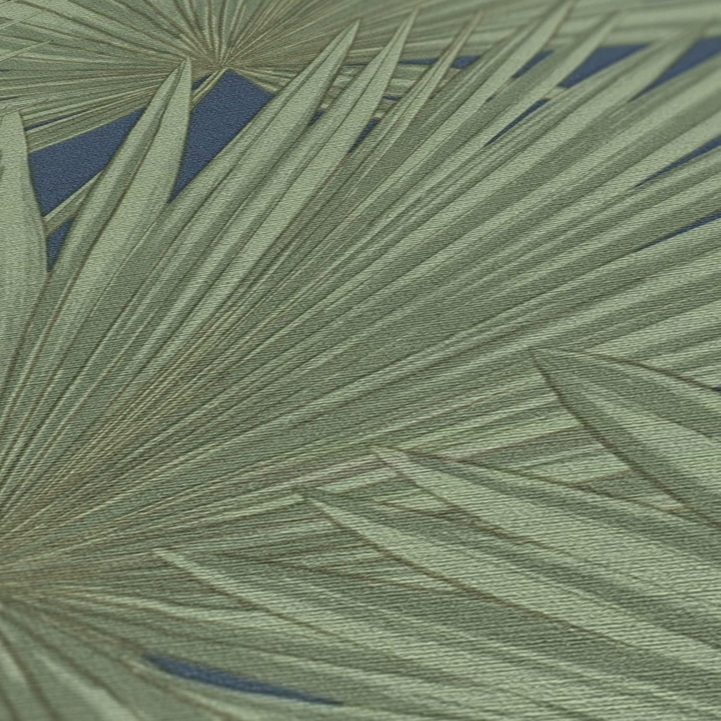 Green Palm Leaves on Navy Blue Vinyl Wallpaper – Tropical Botanical Wall Covering