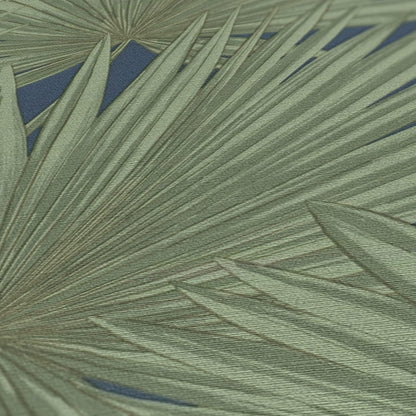 Green Palm Leaves on Navy Blue Vinyl Wallpaper – Tropical Botanical Wall Covering