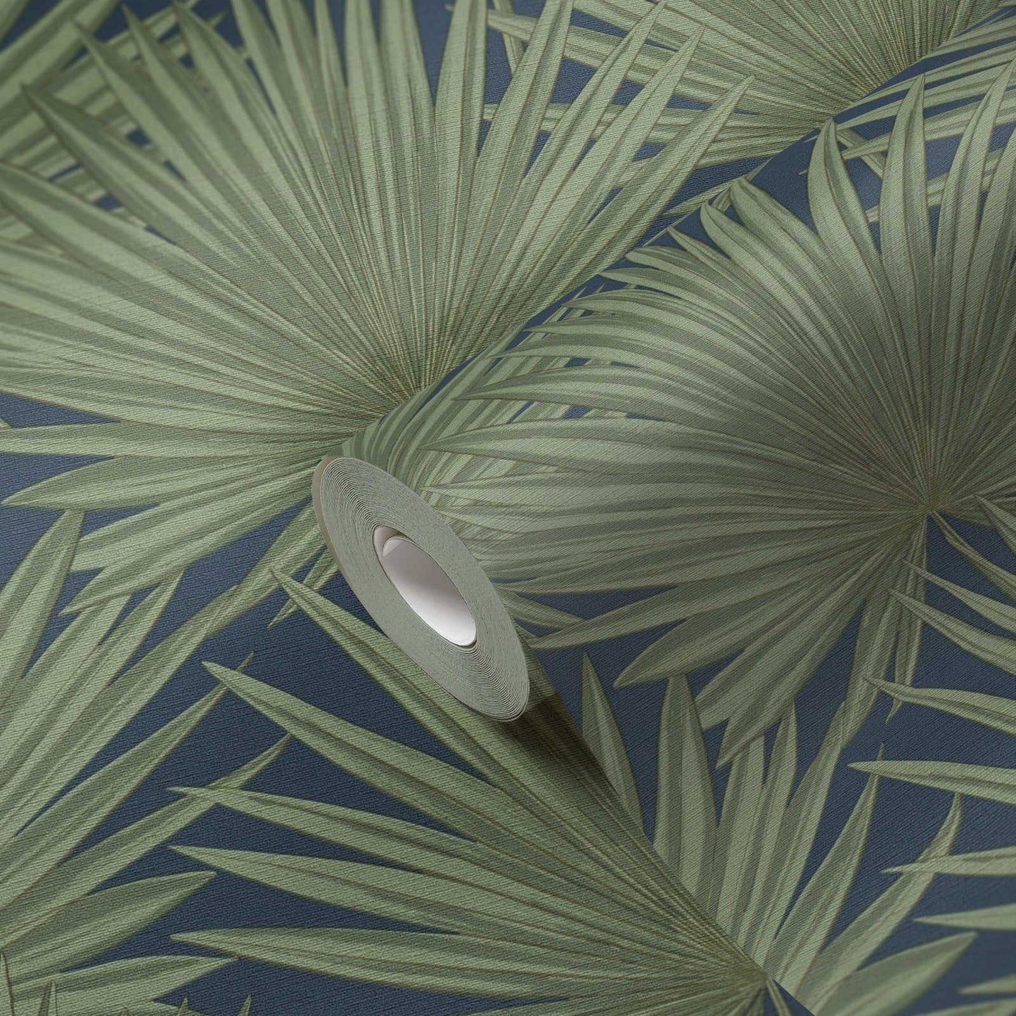 Green Palm Leaves on Navy Blue Vinyl Wallpaper – Tropical Botanical Wall Covering