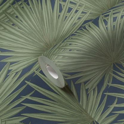 Green Palm Leaves on Navy Blue Vinyl Wallpaper – Tropical Botanical Wall Covering