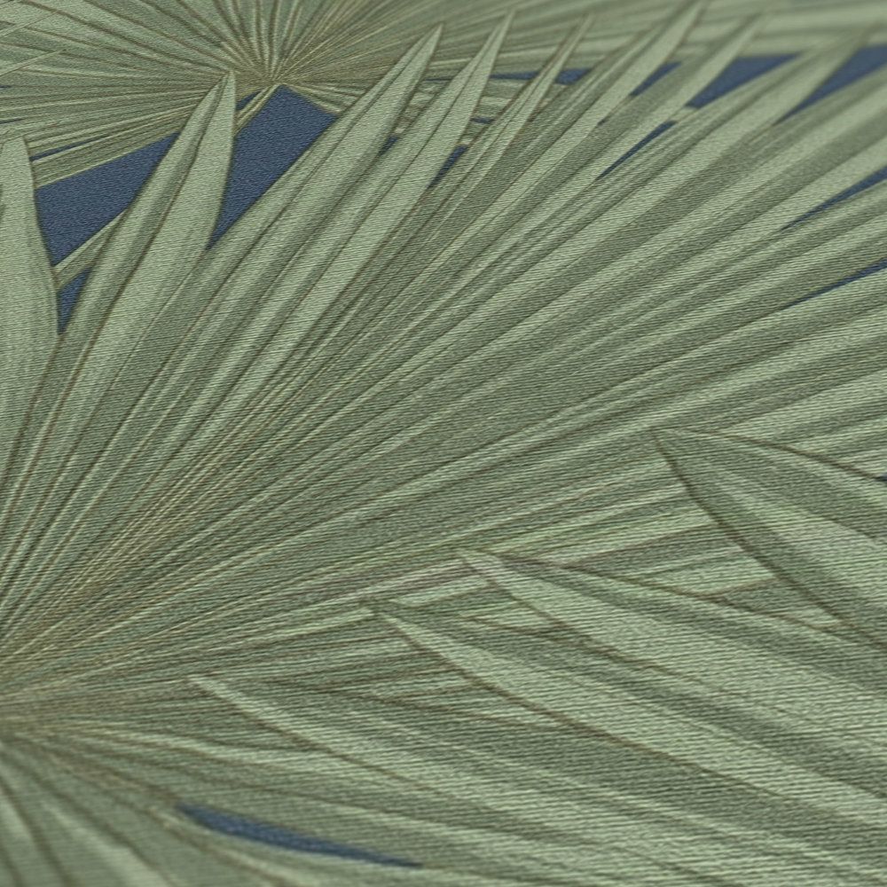 Green Palm Leaves on Navy Blue Vinyl Wallpaper – Tropical Botanical Wall Covering