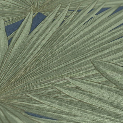 Green Palm Leaves on Navy Blue Vinyl Wallpaper – Tropical Botanical Wall Covering