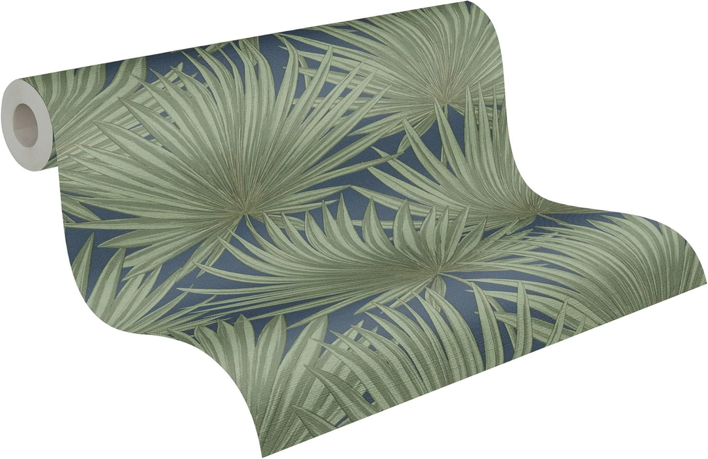 Green Palm Leaves on Navy Blue Vinyl Wallpaper – Tropical Botanical Wall Covering