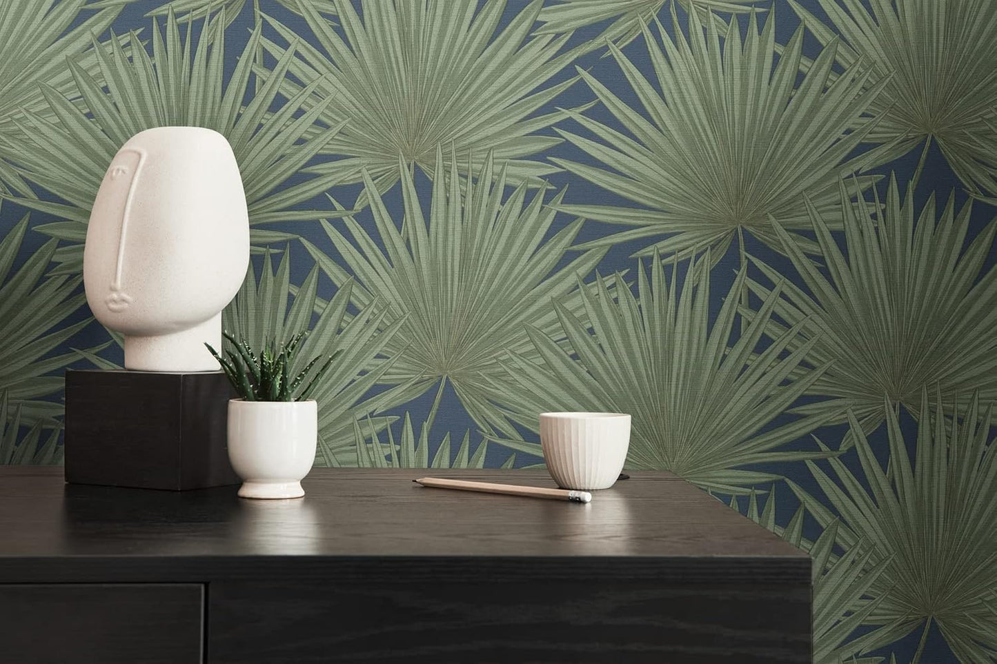 Green Palm Leaves on Navy Blue Vinyl Wallpaper – Tropical Botanical Wall Covering