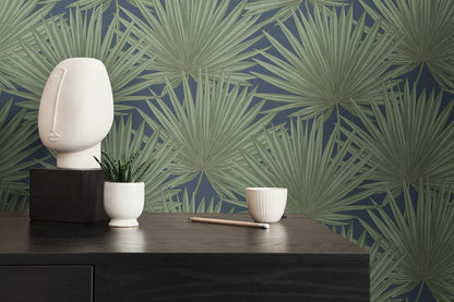Green Palm Leaves on Navy Blue Vinyl Wallpaper – Tropical Botanical Wall Covering
