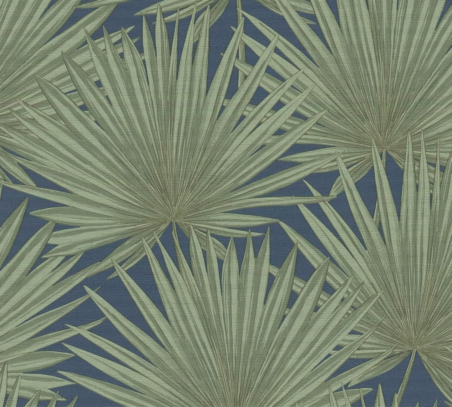 Green Palm Leaves on Navy Blue Vinyl Wallpaper – Tropical Botanical Wall Covering