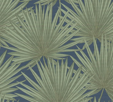 Green Palm Leaves on Navy Blue Vinyl Wallpaper – Tropical Botanical Wall Covering