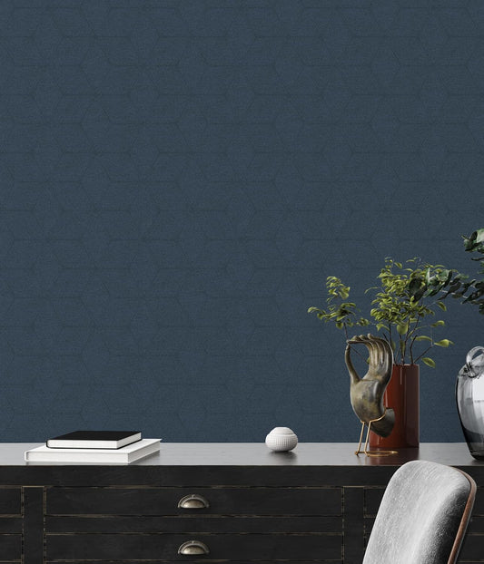 Dark Blue Geometric Textured Vinyl Wallpaper