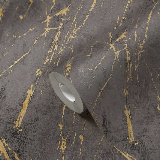 Dark Grey and Gold Marble Effect Wallpaper