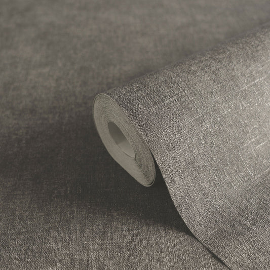 Dark Grey Linen Texture Vinyl Wallpaper – Modern Textured Fabric Look Wall Covering for Living Room & Office