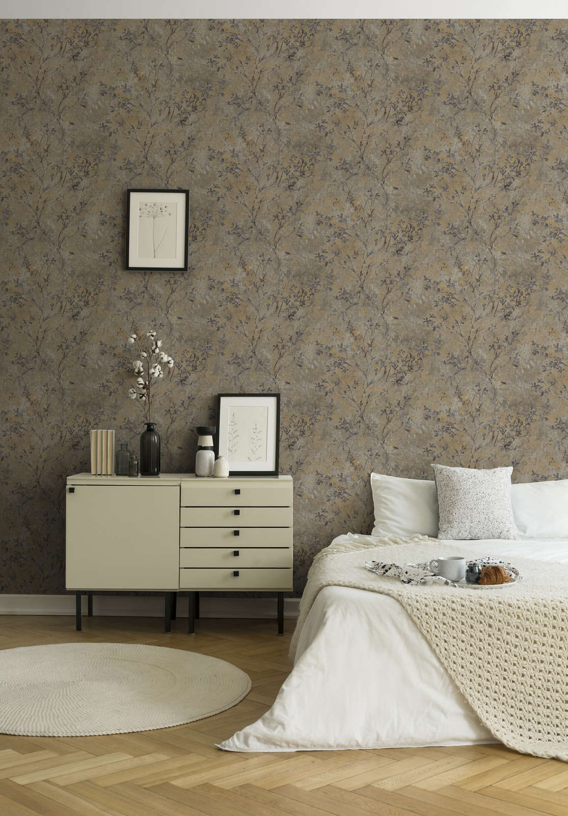 Taupe Floral Metallic Vinyl Wallpaper