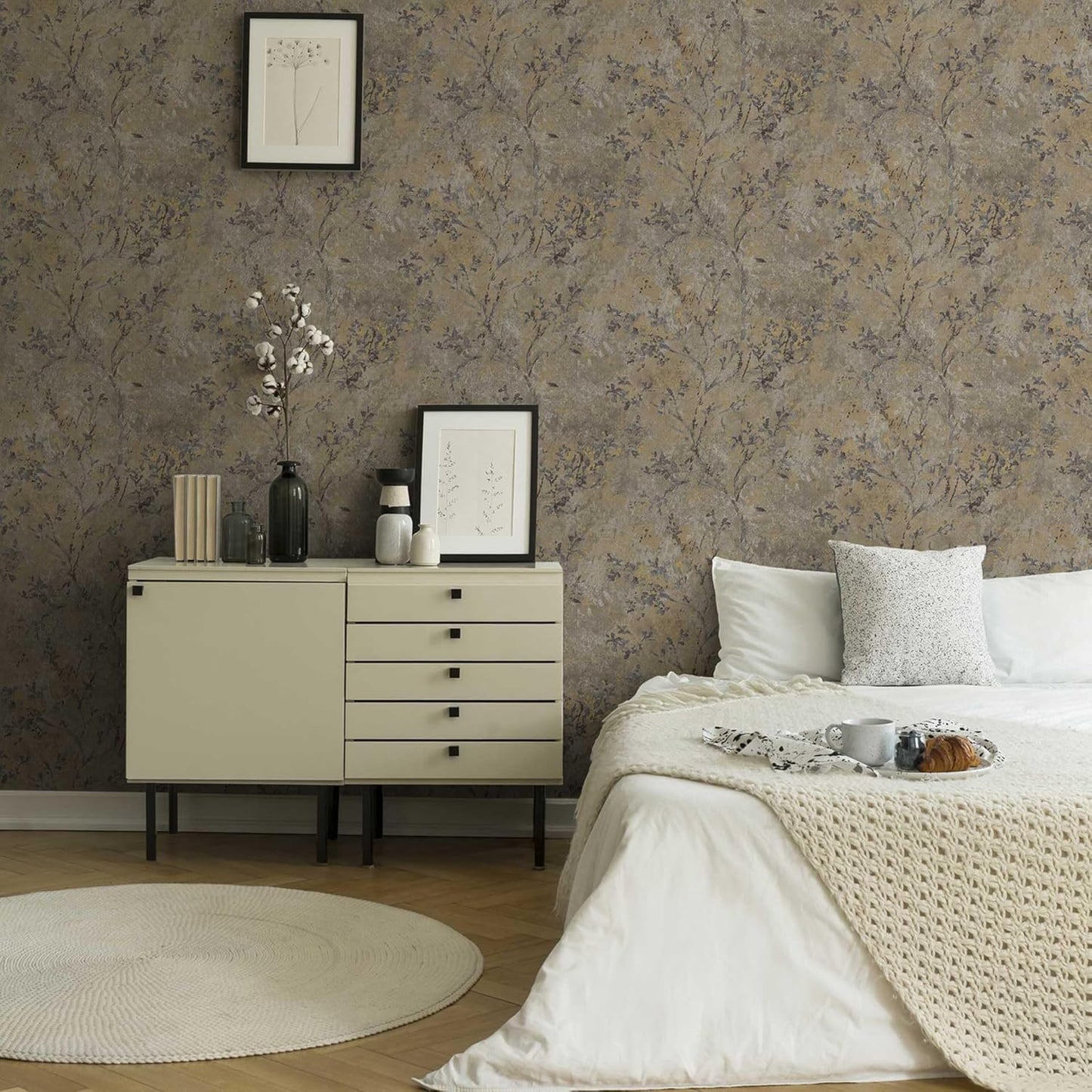 Taupe Floral Metallic Vinyl Wallpaper