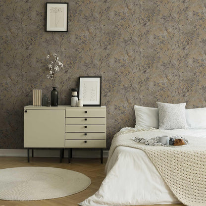 Taupe Floral Metallic Vinyl Wallpaper