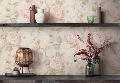 Vintage Romantic Cream & Pink Peony Floral Wallpaper | Elegant Textured Canvas Watercolor Blossom Wall Covering | Luxury Classic Cottagecore