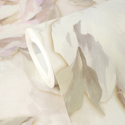 Vintage Romantic Cream & Pink Peony Floral Wallpaper | Elegant Textured Canvas Watercolor Blossom Wall Covering | Luxury Classic Cottagecore