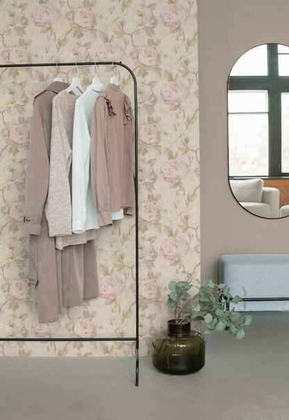 Vintage Romantic Cream & Pink Peony Floral Wallpaper | Elegant Textured Canvas Watercolor Blossom Wall Covering | Luxury Classic Cottagecore