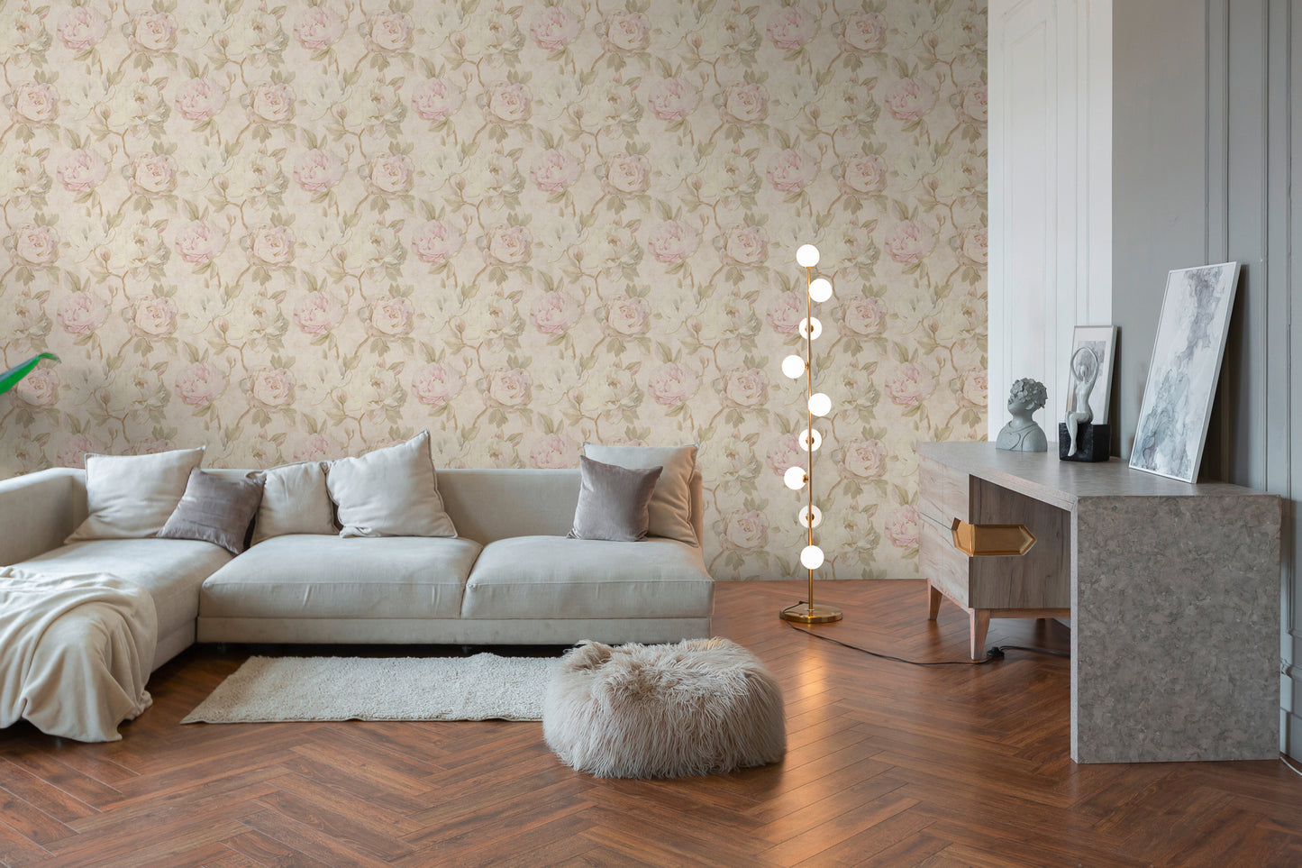 Vintage Romantic Cream & Pink Peony Floral Wallpaper | Elegant Textured Canvas Watercolor Blossom Wall Covering | Luxury Classic Cottagecore