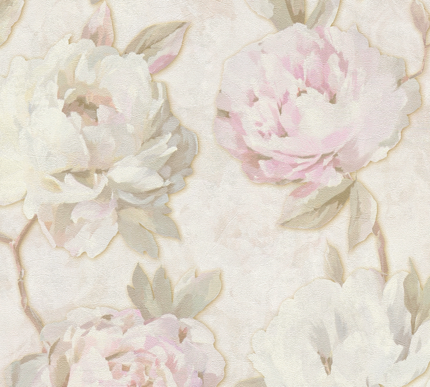 Vintage Romantic Cream & Pink Peony Floral Wallpaper | Elegant Textured Canvas Watercolor Blossom Wall Covering | Luxury Classic Cottagecore