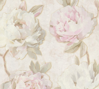 Vintage Romantic Cream & Pink Peony Floral Wallpaper | Elegant Textured Canvas Watercolor Blossom Wall Covering | Luxury Classic Cottagecore