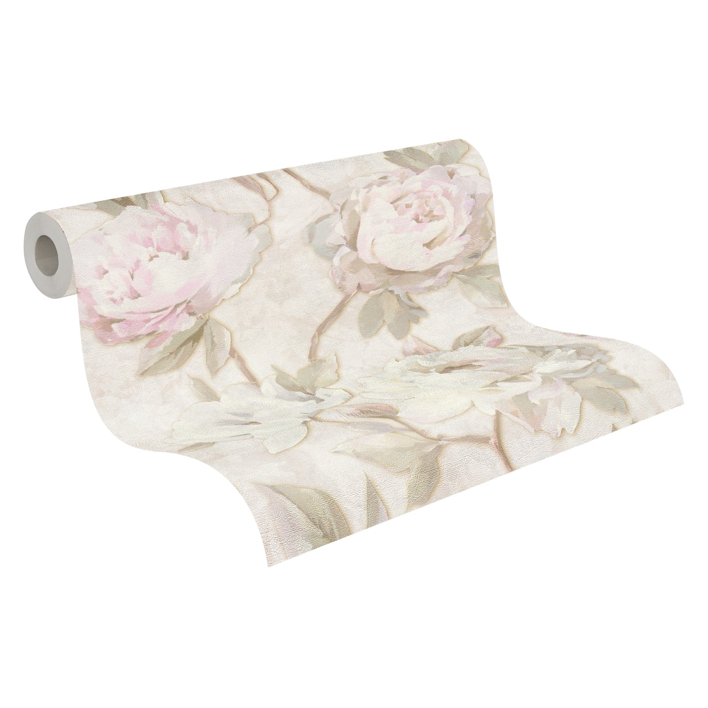 Vintage Romantic Cream & Pink Peony Floral Wallpaper | Elegant Textured Canvas Watercolor Blossom Wall Covering | Luxury Classic Cottagecore