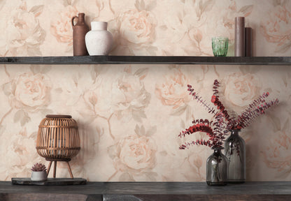 Vintage Romantic Warm Peach Peony Floral Wallpaper | Elegant Textured Canvas Watercolor Blossom Wall Covering | Luxury Classic Cottagecore