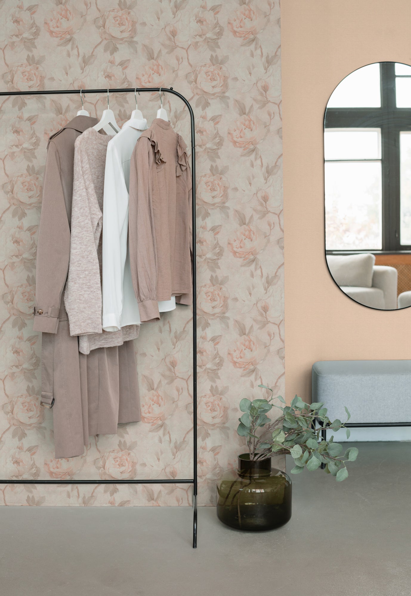 Vintage Romantic Warm Peach Peony Floral Wallpaper | Elegant Textured Canvas Watercolor Blossom Wall Covering | Luxury Classic Cottagecore