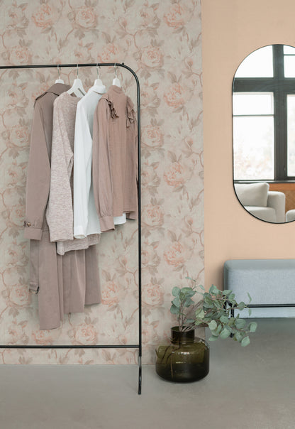 Vintage Romantic Warm Peach Peony Floral Wallpaper | Elegant Textured Canvas Watercolor Blossom Wall Covering | Luxury Classic Cottagecore