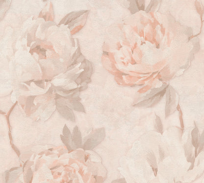 Vintage Romantic Warm Peach Peony Floral Wallpaper | Elegant Textured Canvas Watercolor Blossom Wall Covering | Luxury Classic Cottagecore