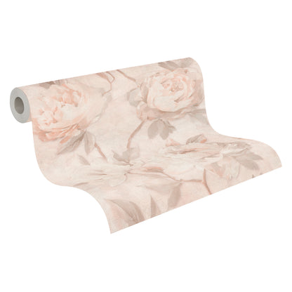 Vintage Romantic Warm Peach Peony Floral Wallpaper | Elegant Textured Canvas Watercolor Blossom Wall Covering | Luxury Classic Cottagecore